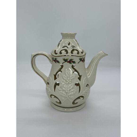 Partylite Holiday Christmas Porcelain Teapot Holly Leaf - Picture 1 of 5
